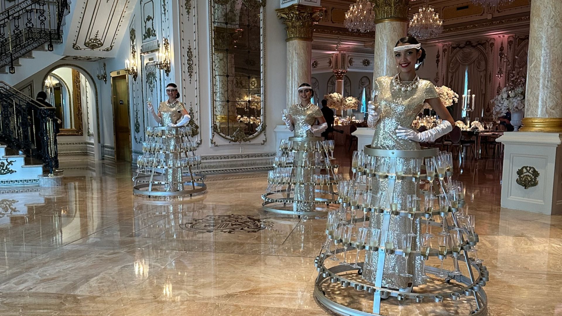 Champagne skirt server pouring champagne in your events